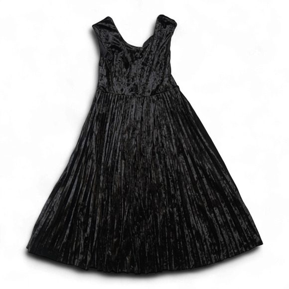 New York & Company Black Crushed Velvet Dress Fit & Flare Pleated Skirt Sz M EUC - Picture 3 of 11